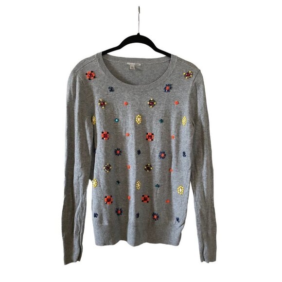 HALOGEN by Nordstrom Beaded Rhinestone Gem Jeweled Gray Sweater Women’s M - Picture 1 of 6